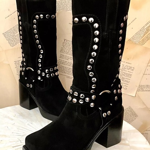 Free People Jeffrey Campbell Gretchen Studded Square Toe Boot Black Suede - Picture 9 of 12